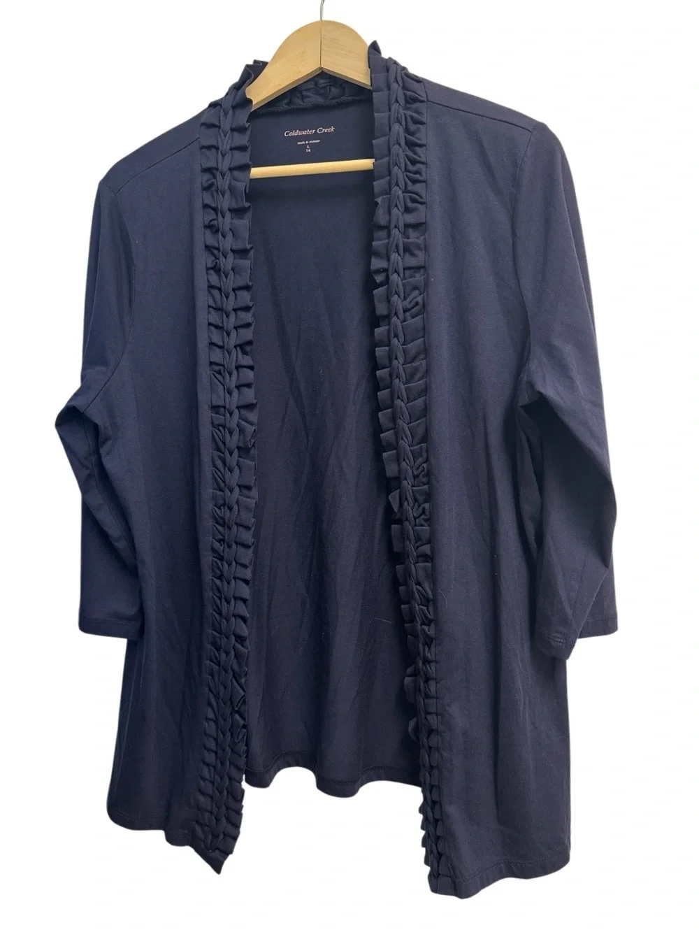 Coldwater Creek | Navy Ruffle Trim Open Front Cardigan | Women's Large 14